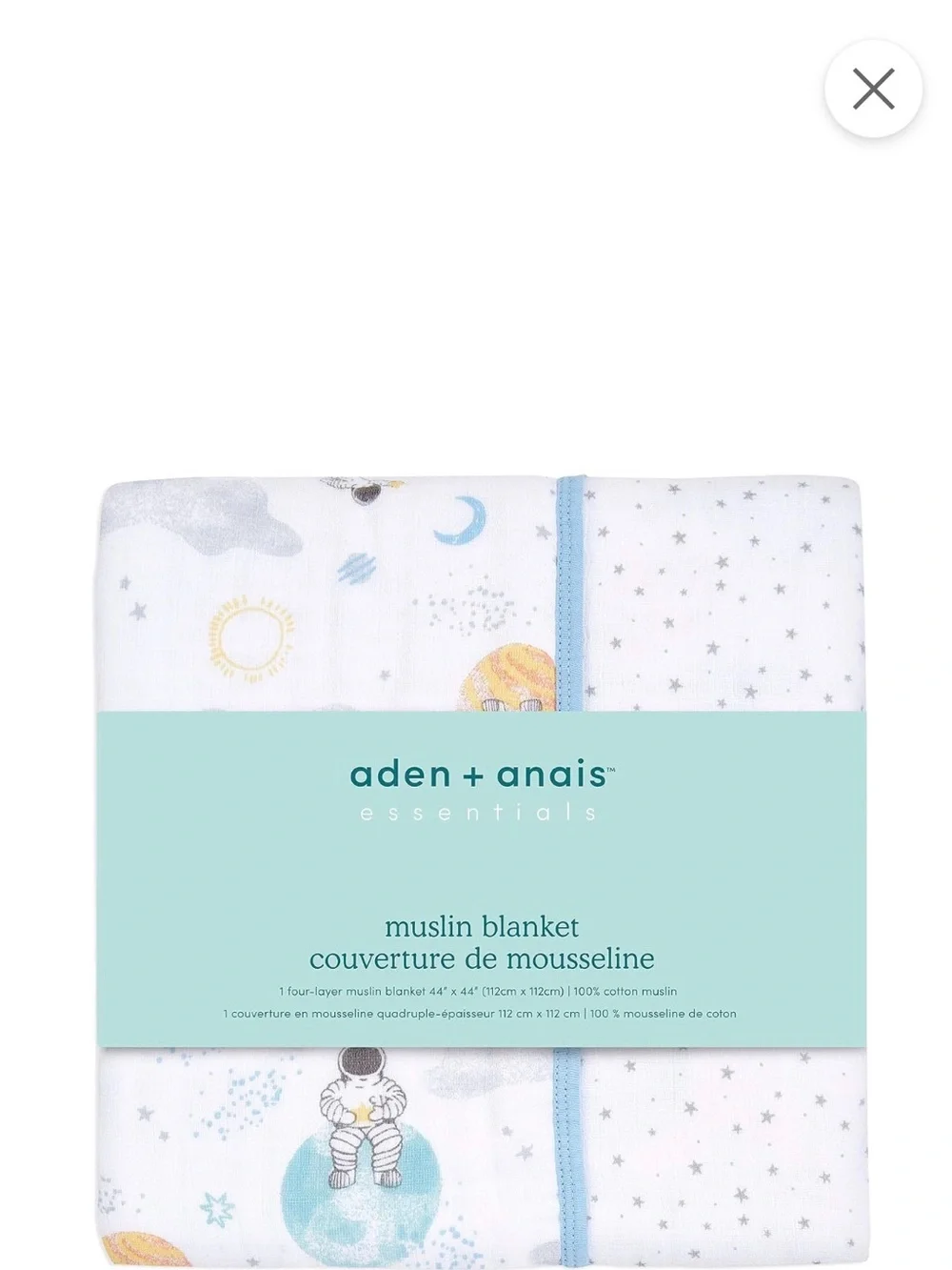 Aden + Anais Baby Muslin Blanket in White space print with Blue Trim